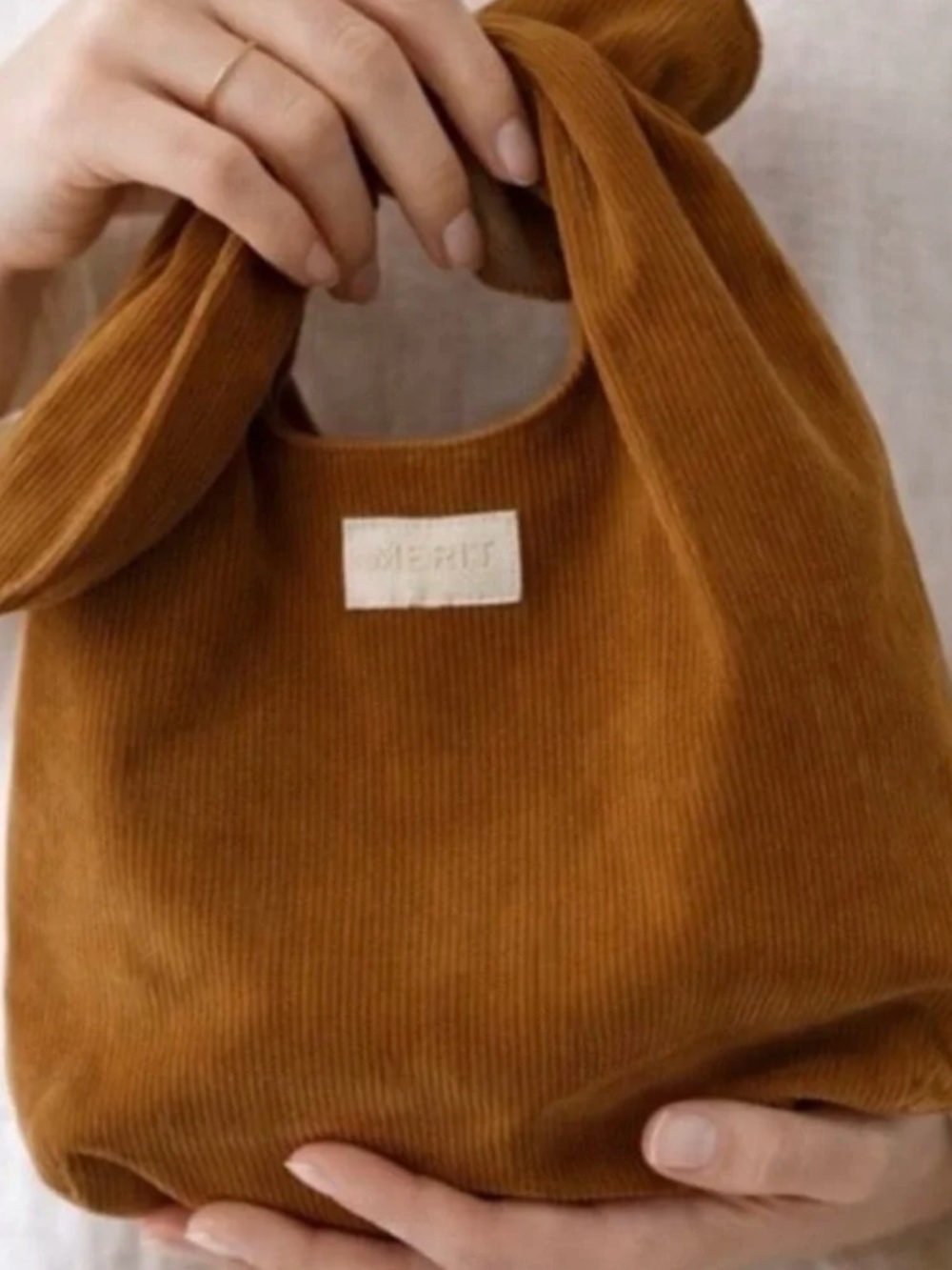 MERIT Beauty Signature Corduroy Makeup Bag Tie Top Pouch Brown